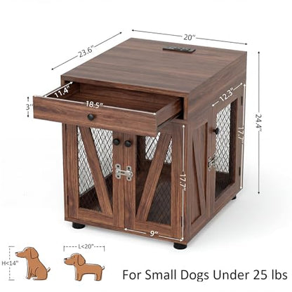 Wooden Dog Crate End Table with USB Charging Station, Walnut, view 3