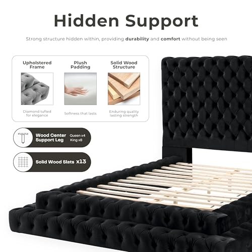 Black Sable fabric step-up bed with oversized headboard and button tufting, view 5