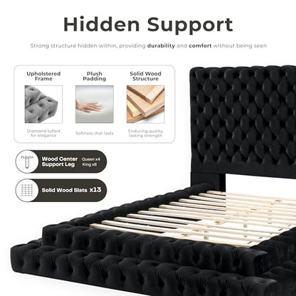 Black Sable fabric step-up bed with oversized headboard and button tufting, view 5