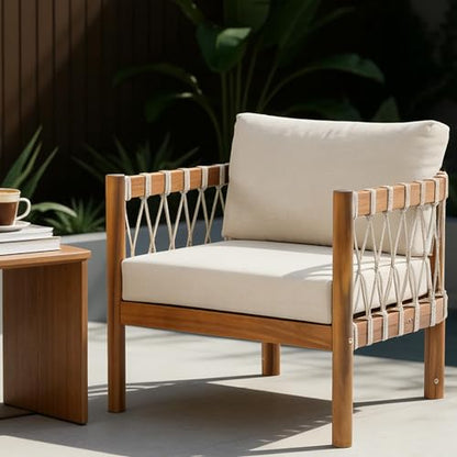 Coastal Haven Acacia Wood Lounge Chair Outdoor with Removable Cushion, Wooden Patio Accent Chair with Woven Rope Details, Outdoor Armchair for Patio Furniture Set, Teak+Beige