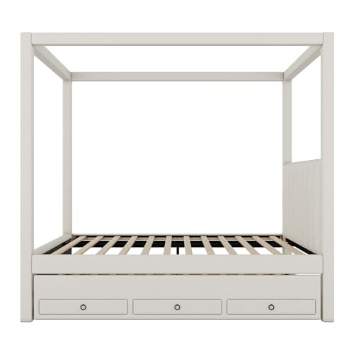 Full Size Upholstery Canopy Bed Frame with Trundle & 3 Drawers, view 4