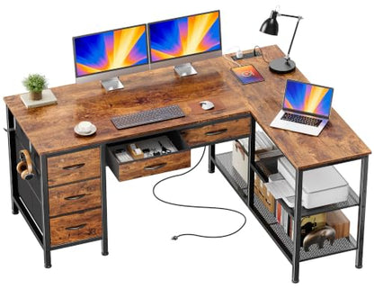 47 Inch L Shaped Desk with Power Outlets, 5 Fabric Drawers, view 2