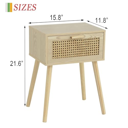 Rattan Nightstand, Bedside Table with Rattan Drawer, Wood End Table with Storage and Solid Wood Legs for Bedroom Living Room Small Space (Walnut)