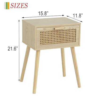 Rattan Nightstand, Bedside Table with Rattan Drawer, Wood End Table with Storage and Solid Wood Legs for Bedroom Living Room Small Space (Walnut)