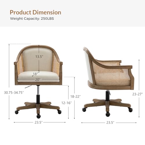 Rattan Desk Chair, Wooden Upholstered Home Office Chair, Ivory, view 3