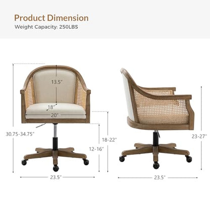 Rattan Desk Chair, Wooden Upholstered Home Office Chair, Ivory, view 3