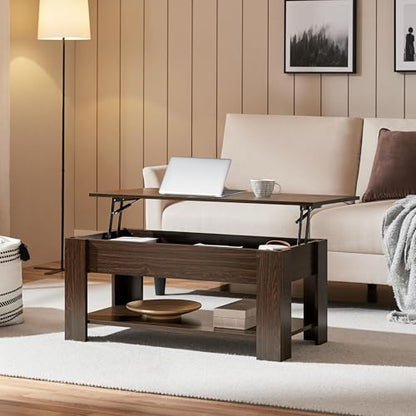 Yaheetech Lift Top Coffee Table with Hidden Compartment and Storage Shelf, Rising Tabletop Dining Table for Living Room Reception Room, 38.6in L, Espresso