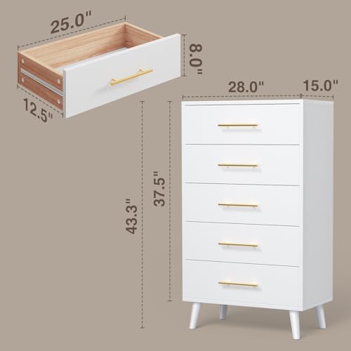 5 Drawer Dresser, Tall Dresser, White, view 4
