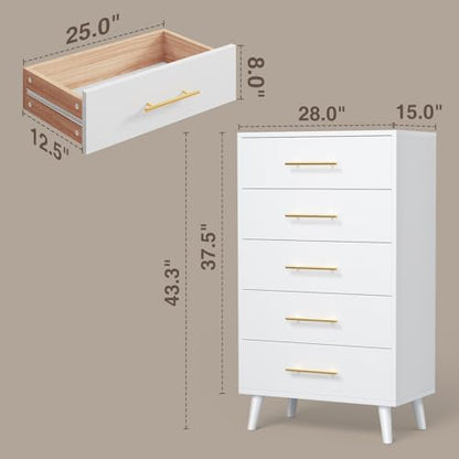 5 Drawer Dresser, Tall Dresser, White, view 4