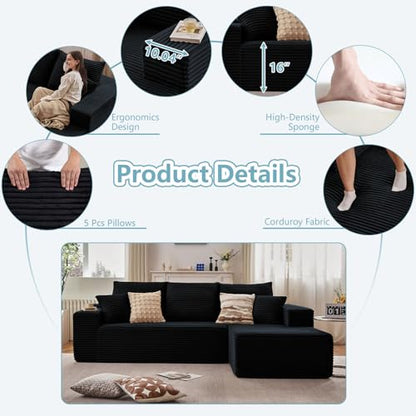 96" Boneless Couch for Living Room, Corduroy Cloud Sectional Sofa with L-Shape Chaise, Modular Memory Foam Couch with Deep Seat, No Assembly Required (Black,Right-Facing Chaise)