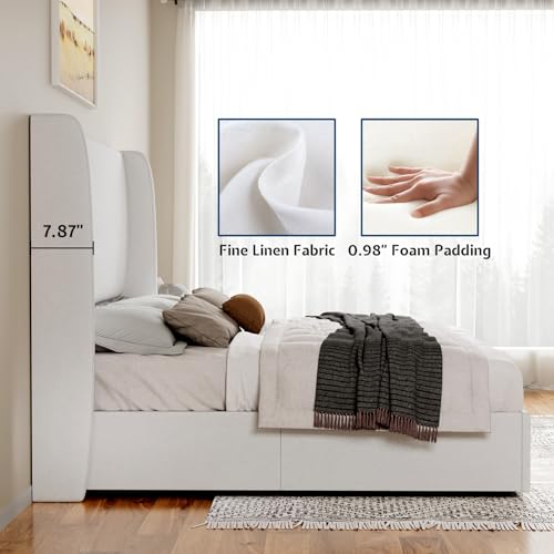 King Lift Up Storage Bed Frame, Linen Wingback Headboard, White, view 5