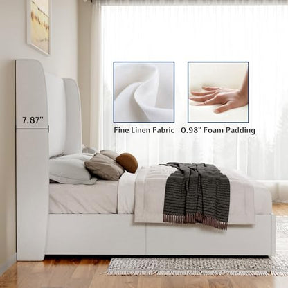 King Lift Up Storage Bed Frame, Linen Wingback Headboard, White, view 5