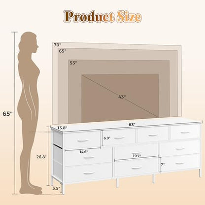 63 Inch Dresser for Bedroom, Long Dresser with 10 Fabric Drawers, view 4