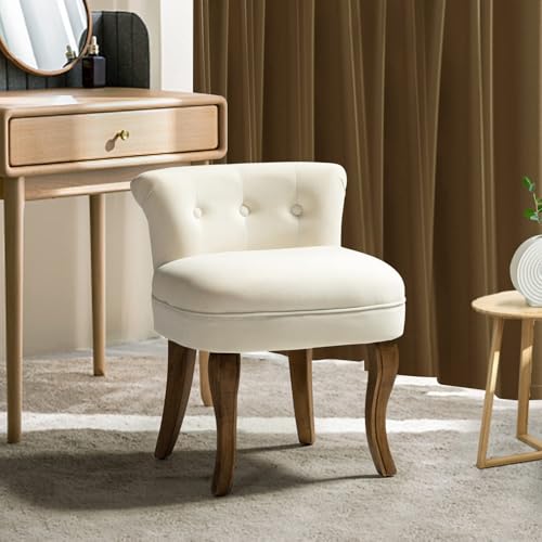Velvet Vanity Stool with Low Back, Ivory | Small Modern Vanity Chair with Solid Wood Legs for Women Girls, Bedroom, Dressing Table