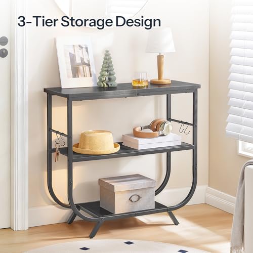3 Tier Small Console Table, 31.5" Entryway Table with Storage Shelf, Narrow Sofa Table, Behind Couch Table, Hallway Table with S-Hooks, for Living Room, Black BB63XG01
