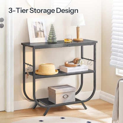 3 Tier Small Console Table, 31.5" Entryway Table with Storage Shelf, Narrow Sofa Table, Behind Couch Table, Hallway Table with S-Hooks, for Living Room, Black BB63XG01