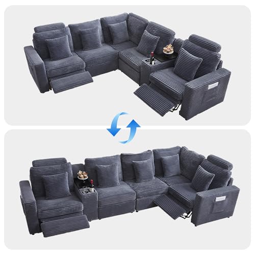 Oversized Modular Sectional Sofa with 2 Power Recliner, 5-Seater L-Shaped Corduroy Reclining Couch with Storage Console Charging Cup Holders, Fluffy Reclining Couches for Living Room,Grey