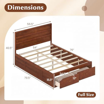 Full Size Bed Frame with Storage Drawers, Wood Platform Bed with Headboard, view 3
