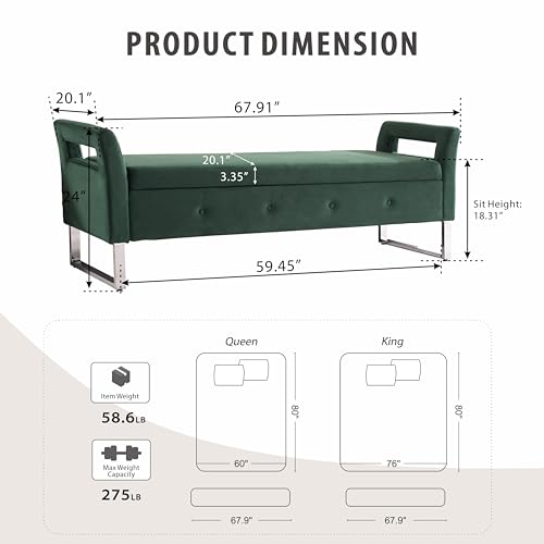 Storage Bench for Bedroom, 67.9'' End of Bed King Size Green Ottoman Upholstered Velvet Shoe Bench for Entryway, Hallway, Bedroom, Cloakroom, Window Bench, Green.