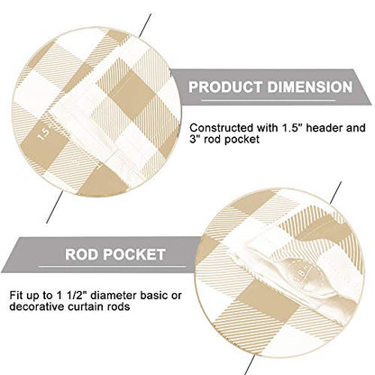 Room Darkening Window Valance, 58W x 14L Inches Top Rod Pocket Checkered Gingham Curtain Valance Scarf, Modern Farmhouse Window Curtain Valance Classic Buffalo Checked Plaid, Taupe