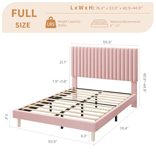 Full Bed Frame with Adjustable Headboard, Velvet Upholstered Platform Bed, view 3
