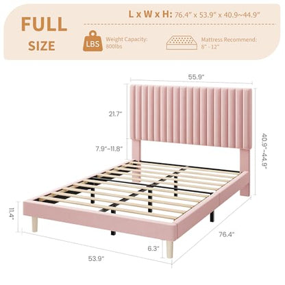 Full Bed Frame with Adjustable Headboard, Velvet Upholstered Platform Bed, view 3