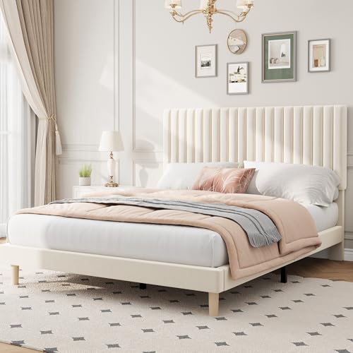 Full Bed Frame with Adjustable Headboard, Velvet Upholstered Platform Bed, view 2