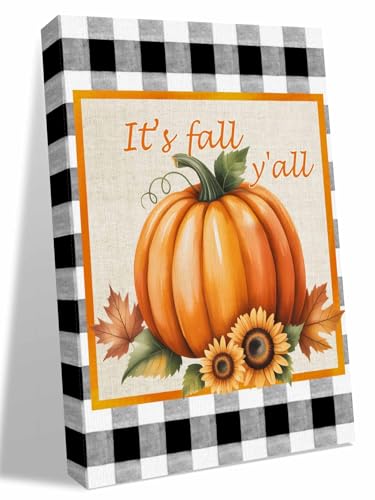 NuYeBiofx Thanksgiving Orange Pumpkin Sunflower Canvas Wall Art Prints,30"x20" Framed Picture Artwork Fall Leaf Buffalo Plaid Printed Canvas Oil Painting for Living Room Bedroom Office,Ready to Hang