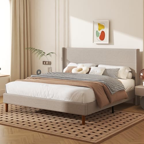 King Size Linen Platform Bed Frame with Wingback Upholstered Headboard, view 8