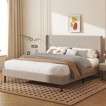 King Size Linen Platform Bed Frame with Wingback Upholstered Headboard, view 8
