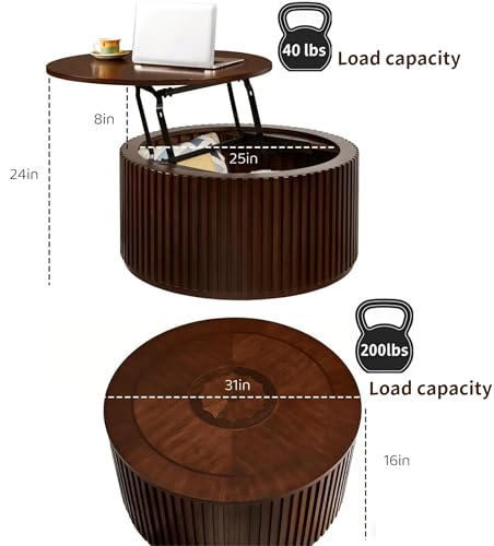 Round Lift Top Coffee Table with Storage, Wood Circle Center Table No Assembly Required with Large Hidden Compartment, Modern Drum Coffee Table for Living Room, Office (31"x31"x16")