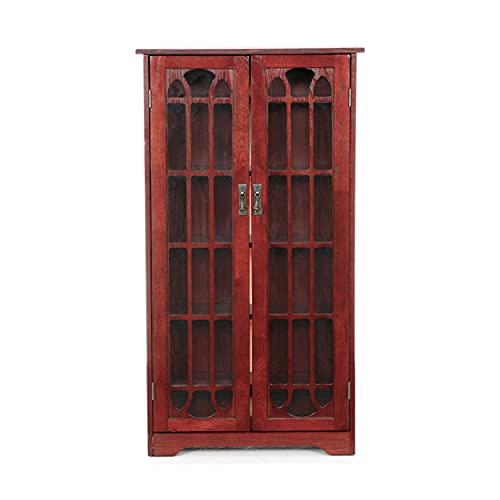 Window Pane Media Cabinet - Cherry - Transitional Design, Brown Glass and Wood - Ideal for Home Office, Living Room (MS1073)