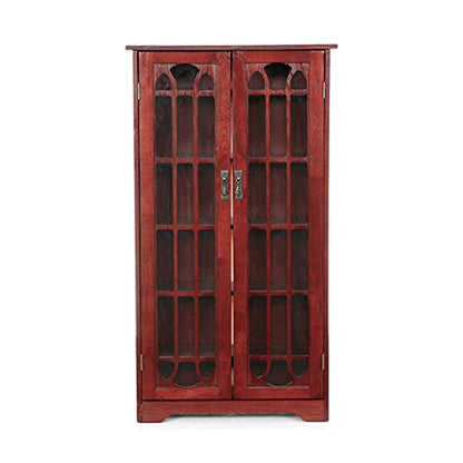 Window Pane Media Cabinet - Cherry - Transitional Design, Brown Glass and Wood - Ideal for Home Office, Living Room (MS1073)