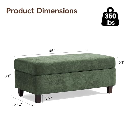 Large Green Chenille Ottoman with Wooden Leg Support for Living Room, view 3