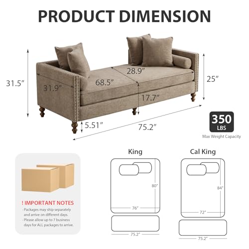 75.2" Oversized Chaise Lounge, Chenille End of Bed Bench with Tufted Arms, view 3