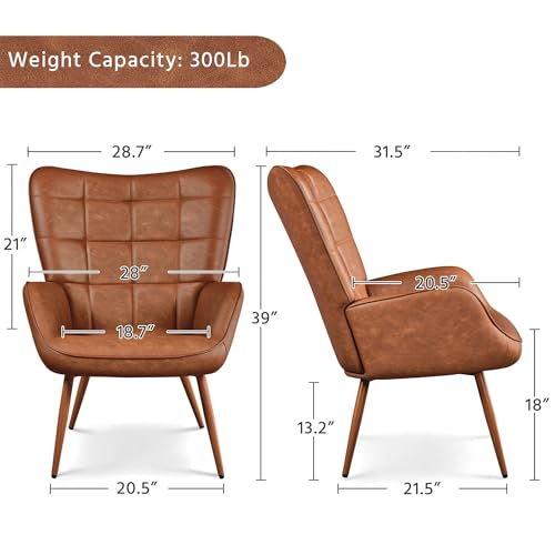 Yaheetech Accent Chairs, Large PU Leather High-Back Chair w/Metal Legs, Pottery Barn Style Living Room Chairs for Bedroom/Home Office, Camel