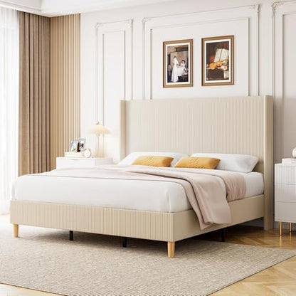 Upholstered King Size Bed Frame with Headboard, Beige, view 2