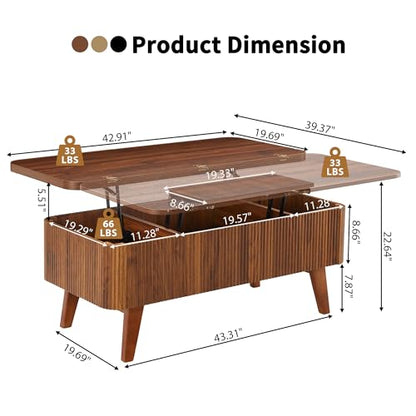 3 in 1 Lift Top Coffee Table, Fluted Convertible Coffee Tables Converts to Dining Tables, Modern Oval Wooden Center Table with Storage for Living Room Office Small Space, Partial Assembly (Walnut)