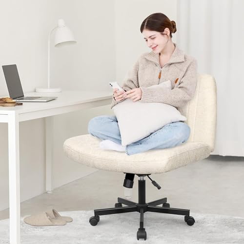 Criss Cross Chair, Wide Fabric Vanity Desk Seat, Beige Wheel, view 4