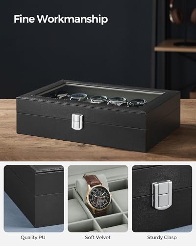 Watch Box, 12-Slot Watch Case Organizer with Large Glass Lid, Removable Pillows, view 5