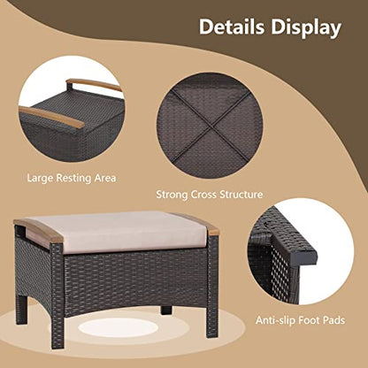 Outdoor Wicker Ottomans for Patio - 2 Pieces PE Rattan Ottoman, Footrest Seat with Zippered Cushions, Acacia Wood Handles, 3-in-1 Footstool, Side Table for Poolside, Backyard (Brown)