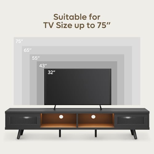 Mid Century Modern 75 Inch LED TV Stand with Sliding Doors, Black, view 5