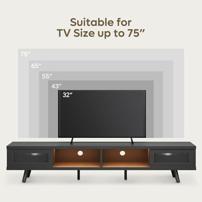 Mid Century Modern 75 Inch LED TV Stand with Sliding Doors, Black, view 5