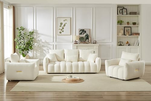 Set of 3 Teddy Sofa for Living Room, Modern 2 Units Deep Seat Sofa Chairs and an Oversized 3-Seater Cloud Boucle Couch for Bedroom, Office, Apartment, Furniture Set, Beige (3 Pieces)
