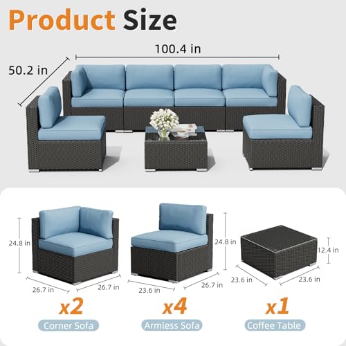 7-Piece Outdoor Patio Furniture Black Rattan Wicker Sectional Sofa Conversation, view 3