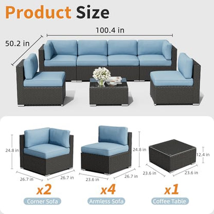 7-Piece Outdoor Patio Furniture Black Rattan Wicker Sectional Sofa Conversation, view 3