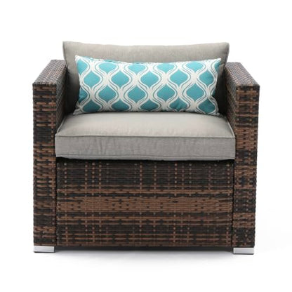 All-Weather Patio Chair, Single Brown Wicker Chair with Thick Gray Cushions & Teal Pillow, Outdoor Rocking Chair for Porch, Garden, Poolside