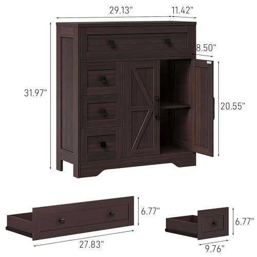 Farmhouse Storage Cabinet with 2 Doors and 4 Drawers, Freestanding Bathroom Storage Cabinet Kitchen Pantry, Floor Cupboard for Living Room/Bathroom/Kitchen,Espresso