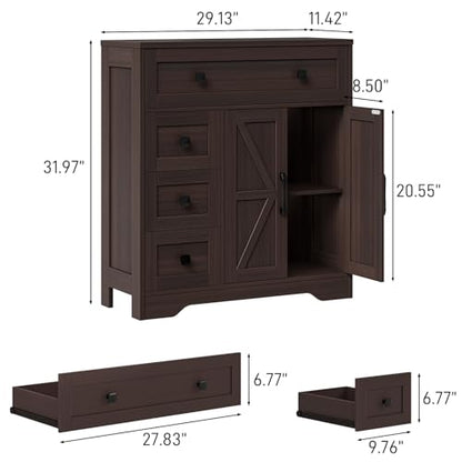 Farmhouse Storage Cabinet with 2 Doors and 4 Drawers, Freestanding Bathroom Storage Cabinet Kitchen Pantry, Floor Cupboard for Living Room/Bathroom/Kitchen,Espresso
