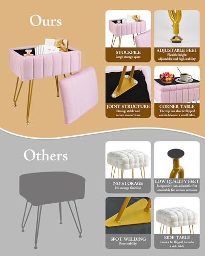Vanity Stool with Storage, Faux Fur Makeup Stool with Metal Legs, Multifunctional Furry Footrest Ottoman Chair for Living Room Bedroom,Pink
